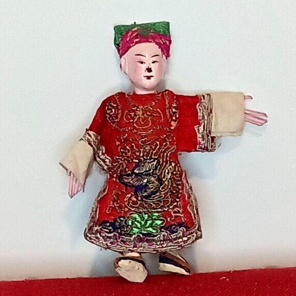 Antique Chinese Opera Doll Embroidered Silk Robe Dress Composition 5" Painted - Picture 1 of 7
